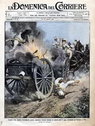 Esplosione di una cassa di artiglieria vicino a Capannori (Lucca) durante il trasferimento del 7° reggimento di artiglieria da Volterra a Pisa. Illustrazione di Beltrame. "La Domenica del Corriere". 15-23/08/1909
