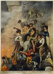 Incendio in una grande fabbrica tessile americana: lavoratori sulla scala, illustrazione di Achille Beltrame, da La Domenica del Corriere, 10 agosto