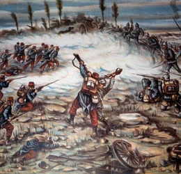 Prima Guerra Mondiale (1914-1918): una battaglia tra le forze armate francesi e tedesche tra Altkirch e Mulhouse il 21/08/1914. Illustrazione di Achille Beltrame, Collezione privata