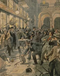 Sciopero generale dei lavoratori a Milano, disordini nella Galleria Vittorio Emanuele II, di Achille Beltrame, illustrazione, Illustratore Achille Beltrame, da La Domenica del Corriere