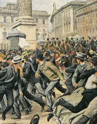 Sciopero generale dei lavoratori a Roma, di Achille Beltrame, illustrazione, Illustratore Achille Beltrame, da La Domenica del Corriere