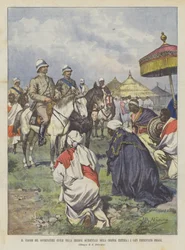 Il viaggio del governatore civile nella regione occidentale della colonia Eritrea, i capi presentano omaggi