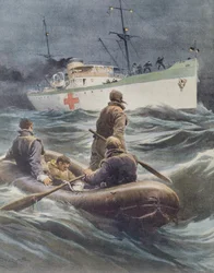 Nave ospedale italiana che imbarca feriti, di Achille Beltrame, illustrazione, Illustratore Achille Beltrame (1871-1945), da La Domenica del Corriere, 23 marzo 1941