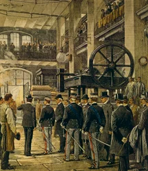 Il re Vittorio Emanuele III visita le fabbriche di Milano, di Achille Beltrame (1871-1945), da La Domenica del Corriere, 8 ottobre 1905
