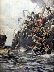 La catastrofe del Libano: i passeggeri si gettano in mare dopo la collisione con un altro piroscafo al largo di Marsiglia. Illustrazione di Beltrame. La Domenica del Corriere. 1903