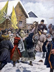 La superstizione in Russia: la polizia tenta di disperdere la setta dei nuovi cristiani. Illustrazione di Beltrame. La Domenica del Corriere. 1901