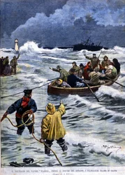 Il naufragio della nave a vapore Planier vicino alle bocche del Rodano: i soccorsi riportano i passeggeri. Illustrazione di Beltrame. La Domenica del Corriere. 1901.