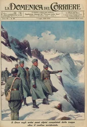 MUSSOLINI NELLE ALPI - Benito MUSSOLINI osserva i passi alpini aspri che le sue truppe hanno valorosamente conquistato luglio 1940 - Domenica del Corriere 1940 - Achille Beltrame