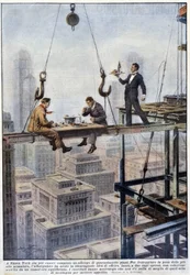 Pasto di due capisquadra in equilibrio sulla struttura di un grattacielo a New York - disegno di A. Beltrame, in 