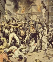 Folla che dà la caccia a persone nere a Springfield, Illinois, Achille Beltrame (1871-1945), da La Domenica del Corriere, agosto 1908