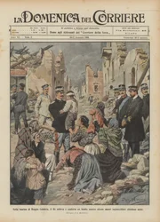 Nella marina di Reggio Calabria, il Re solleva e conforta un bimbo mentre alcune madri inginocchiate chiedono aiuto