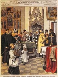 Petizione pubblica contro il divorzio in sacrestia, di Achille Beltrame, illustrazione, Illustratore Achille Beltrame (1871-1945), da La Domenica del Corriere, 9 febbraio 1902