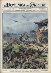 Seconda guerra sino-giapponese (1937-1945): scontri tra armi giapponesi e cinesi vicino a Pechino, i giapponesi sterminano rapidamente un intero battaglione cinese. Illustrazione di Achille Beltrame in "La domenica del corriere" del 08/08/1937