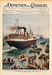 Navi che trasportano truppe italiane in Africa orientale attraversano il Canale di Suez, illustrazione da La Domenica del Corriere, 20 ottobre