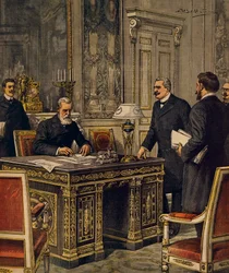 Firma della Convenzione di Arbitrato Franco-Italiano a Parigi, di Achille Beltrame, illustrazione, Illustratore Achille Beltrame (1871-1945), da La Domenica del Corriere
