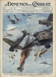 Guerra civile spagnola: scontri aerei tra velivoli repubblicani e nazionalisti sopra la Spagna in guerra. Illustrazione di Achille Beltrame in «La domenica del Corriere» del 20/06/1937.