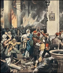 I massacri degli armeni in Turchia nel 1909 ad Adana, illustrazione di Achille Beltrame (1871-1945) in "La Domenica del Corriere" del maggio 1909