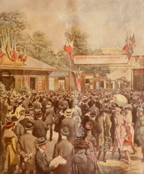 Fiera commerciale a Milano, di Achille Beltrame, illustrazione, da La Domenica del Corriere, 24 aprile 1921