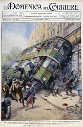Incidente del tram a Glasgow, Scozia: una delle vetture si è rovesciata su una vetrina di porcellane e sui passanti - disegno di A. Beltrame, in “La Domenica del Corriere” del 1 febbraio 1931