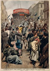 Sciopero dei tram a Milano, di Achille Beltrame, illustrazione, Illustratore Achille Beltrame