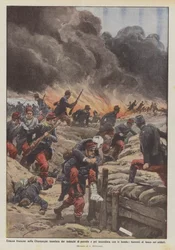 Trincea francese nella Champagne inondata dai tedeschi di petrolio e incendiata con le bombe