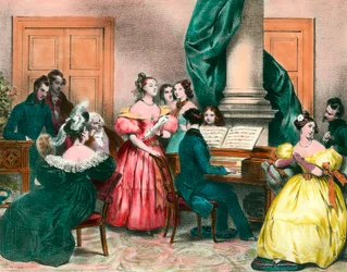 Un pomeriggio musicale in famiglia. Incisione di Achille Deveria (1800-1857). Incisione del XIX secolo. Collezione privata