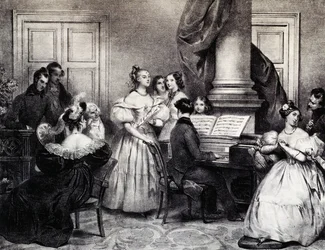 Concerto di famiglia con pianoforte, di Achille Deveria (1800-1857), incisione, Francia