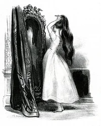 Madame Bovary, per il romanzo di Gustave Flaubert - Emma Bovary raccoglie i suoi lunghi capelli davanti allo specchio
