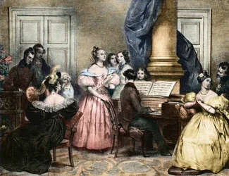 Serata musicale - Serata musicale intorno al pianoforte - di Achille Deveria (1800-1857) ca. 1840