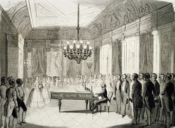 Serata musicale con pianoforte, di Achille Deveria (1800-1857), incisione, Francia