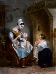 Infermiera che allatta un bambino. Litografia, c.1850