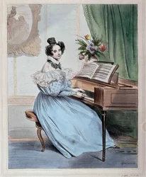 Le sette di sera, donna al pianoforte di Devéria, inizio del XIX secolo