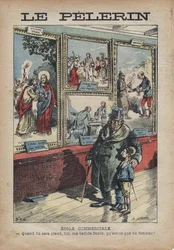 Cartone animato antisemita di Achille Lemot per "Le-Pelerin" di settembre 1896 - Scuola commerciale: quando diventi un crant, tu mio bedide Jacob, cosa dividerai?