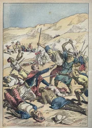 Morte del Marchese di Mores (Antoine-Amedee-Marie-Vincent) Manca de Vallombrosa (1858-1896) e dei suoi compagni vicino a El-Ouatia in Tunisia nel 1896 - Illustrazione di Achille Lemot in "Le Pelerin" di giugno 1896