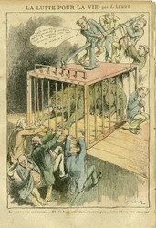 Illustrazione di Achille Lemot (1846-1909) in Le Pelerin, 21/04/07 - La lotta per la vita - Socialismo, Radical-Socialismo - Animalizzazione