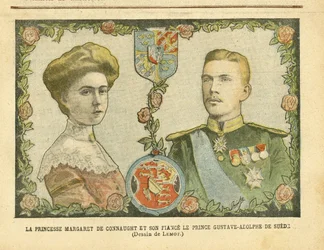 Illustrazione di Achille Lemot in Le Pelerin, 21/05/05 - Principessa Margaret di Connaught e il suo fidanzato Principe Gustave-Adolphe di Svezia - Monarchia, Medaglia, Sovrano straniero, Svezia - De Connaught Margaret, Gustave IV Adolphe di Svezia