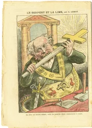 Illustrazione di Achille Lemot (1846-1909) in Le Pèlerin, 23/05/09 - Il serpente e la lima - Antimassoneria, religione e fede, croce cristiana, favole di La Fontaine e altri, cattolicesimo - Laicizzazione, laicità, laici - Serpenti - Animalizzazione