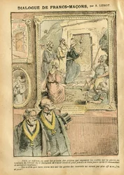 Illustrazione di Achille Lemot (1846-1909) in Le Pèlerin, 31/03/07 - Dialogo dei massoni - Arte, antimassoneria, massoneria, religione, fede, cattolicesimo - Separazione tra Chiesa e Stato, inventari/reazioni agli inventari