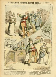 Illustrazione di Achille Lemot (1846-1909) in Le Pèlerin, 03/09/05 - Bisogna sapere come accontentare tutti - Anticlericalismo, antimassoneria, religione e fede, medaglia, Blocco delle sinistre, cattolicesimo - Espulsione dei religiosi, laicizzazione