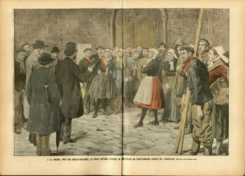 Illustrazione di Achille Lemot (1846-1909) in Le Pelerin, 04/02/06 - Religione Fede, Folla, Chiese Cattedrali, Cattolicesimo - Separazione tra Chiesa e Stato, Inventari/Reazioni agli inventari