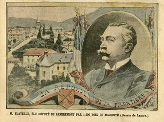 Illustrazione di Achille Lemot in Le Pelerin, 07/02/04 - M. Flayelle, eletto deputato di Remiremont con 1200 voti di maggioranza - Elezioni, Alsazia Lorena, Camera dei deputati Emiciclo, Patriottismo, Frontiere, Remiremont, Vosgi - Deputato, Flayelle