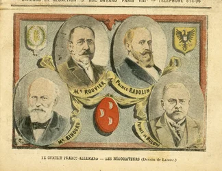 Illustrazione di Achille Lemot in Le Pelerin, 09/07/05 - Il conflitto franco-tedesco i negoziatori - Colonizzazione Colonialismo Colonie, Germania Prussia, Marocco, Francia, Tangeri - Rouvier Maurice, Bulow Bernhard von, Rad