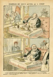 Illustrazione di Achille Lemot in Le Pelerin, 22/05/04 - Commedia in due atti - Ristoranti Caffè, Gastronomia cucina, Socialismo - Ragazzi di caffè, Tartufo - Grasso/magro