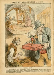 Illustrazione di Achille Lemot (1846-1909) in Le Pelerin, 22/12/07 - Un Tempo e Oggi - Pensioni dei Lavoratori, Anti-Parlamentarismo, Religione Fede, Natale, Camera dei Deputati Emiciclo, Quindicimila, Indennità Parlamentari, Cattolicesimo