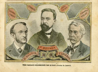 Illustrazione di Achille Lemot in Le Pelerin, 23/10/04 - Tre radicali scomunicati dal Bloc - Finanze del Bilancio, Presidente della Repubblica, Marina Marittima Nautica Balneare, Bloc delle sinistre, Indocina, Opere pubbliche - Doumer Paul
