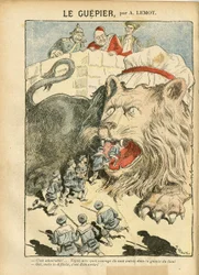 Illustrazione di Achille Lemot (1846-1909) in Le Pelerin, 25/08/07 - Le Guepier - Guerra, Germania Prussia, Inghilterra Gran Bretagna, Spagna, Marina Marittima - Leone/Tigre