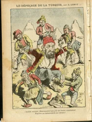 Illustrazione di Achille Lemot in Le Pelerin, 25/10/08 - Il depecage della Turchia - Turchia, Religione Fede, Balcani, Bulgaria, Bosnia Erzegovina, Creta, Cattolicesimo - Abdul-Hamid II