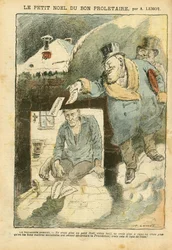 Illustrazione di Achille Lemot (1846-1909) in Le Pelerin, 25/12/04 - Il Natale del buon proletario - Elezioni, Miseria, Inverno, Vita dei ricchi, Socialismo - Operaio, Miserabile, Povero, SDF - Opposizione/Associazione