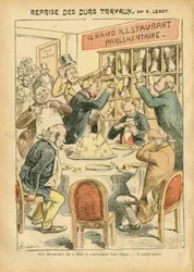Illustrazione di Achille Lemot in Le Pelerin, 27/10/07 - Ripresa del duro lavoro - Antiparlamentarismo, Ristoranti Caffè, Emiciclo della Camera dei Deputati, Bloc des lefts, Plate au beurre - Deputato - Metafora alimentare