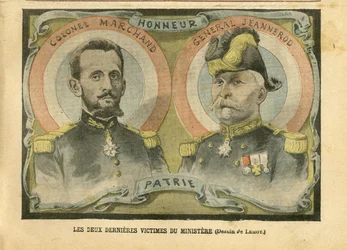 Illustrazione di Achille Lemot (1846-1909) in Le Pelerin, 29/05/04 - Le ultime due vittime del ministero - Esercito, Ministero della guerra, Patriottismo - Laicizzazione Laicità Leggi laiche - Marchand Jean-Baptiste (1863-1924), Generale Generali, Jeannero